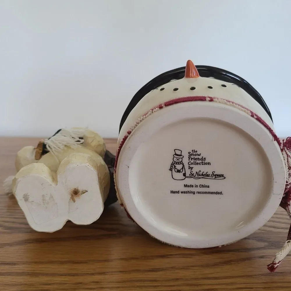 Vintage Wood-Look Snowman Figurine & Ceramic Snowman Bucket Pail Snowman Lot